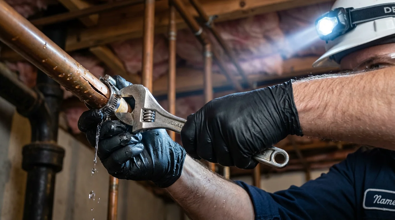 Emergency pipe clamp repair being performed by a Johns Plumbing LLC plumber in Danville