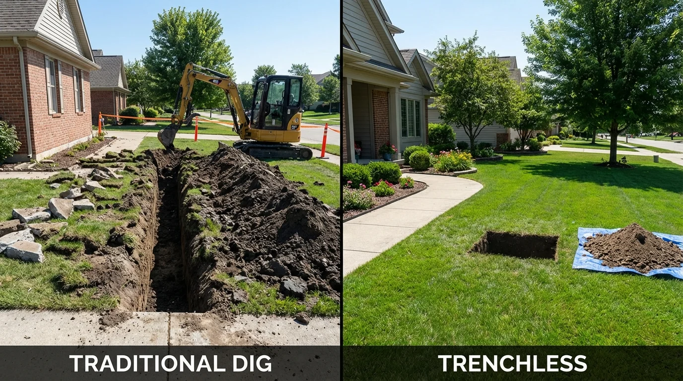 Trenchless sewer repair with minimal yard damage versus traditional excavation in Danville, NH