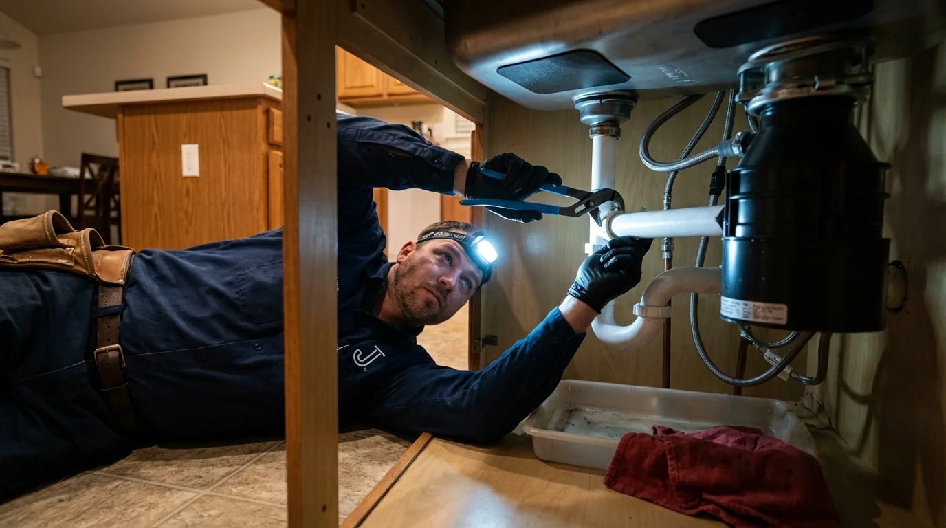 P-trap and supply line connections under a kitchen sink showing a common leak point in Danville, NH